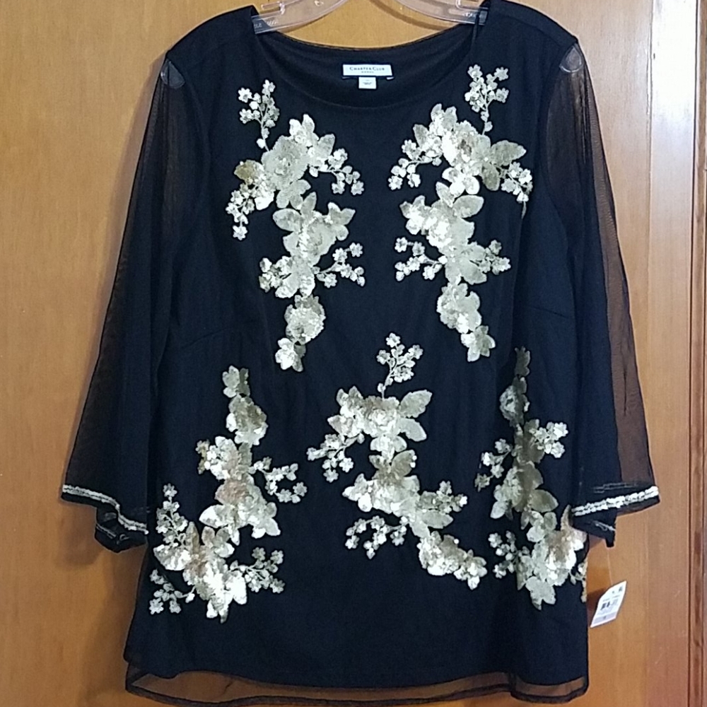 Charter Club Black Blouse with Gold Floral Embroidery